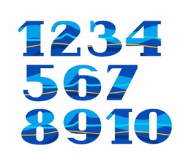 Numbers, color, waves, vector.  Colored, flat figures with serifs. Blue, Aqua. The wavy lines.  