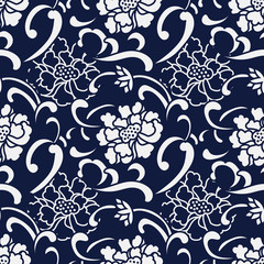 Seamless Blue Japanese Background Spiral Curve Peony Flower