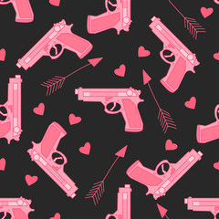 Happy St. Valentine's Day. Seamless pattern with pink gun, hearts and arrow.