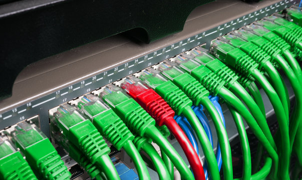 Server rack with green and red internet patch cord cables