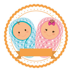 seal stamp with cute babies wrapped in a blankets icon over white background. colorful design. vector illustration