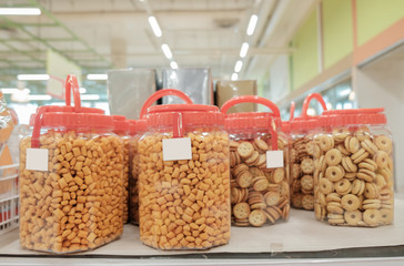 Snack / Snack in container on shelf in the store. Shallow depth of field.