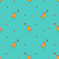 Cute baby robin bird with hearts - vector hand drawn seamless pattern. Childish kawaii style sketch with small animal. Valentines day romantic wallpaper