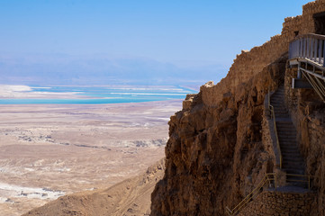 Masada with ropeway and Dead Sea, Israel. Masada was the final battlefield of First Jewish–Roman War.