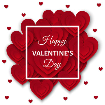 Happy Valentines day card  with red  hearts on white background.