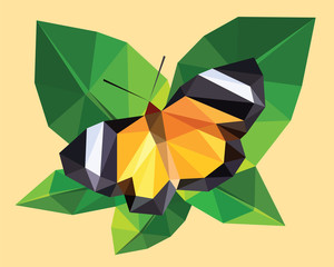 Orange and black butterfly wings on a green leaf, low polygon crystal design isolated on tree top