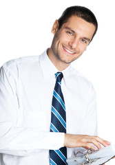 smiling businessman with folder, isolated