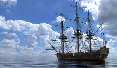 Old Sailboat On The Sea 3D Illustration