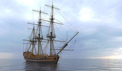 Fototapeta na wymiar Old Sailboat On The Sea 3D Illustration