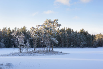 Amazing wintry scene. Beautiful moment during sunrise. Silent and peaceful. Small island in the middle of the lake.