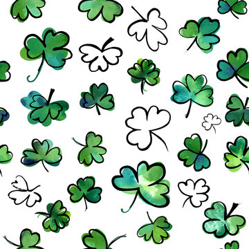 Seamless pattern with vector and watercolour shamrocks