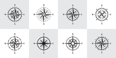 Vector set of variations of the geo mark Wind Rose. Vector compass. Rose Wind in lineal style. Perfect image for Columbus Day. - obrazy, fototapety, plakaty