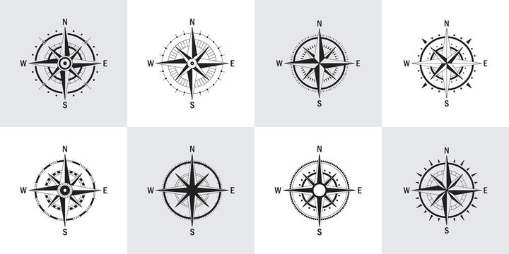 Vector set of variations of the geo mark Wind Rose. Vector compass. Rose Wind in lineal style. Perfect image for Columbus Day.