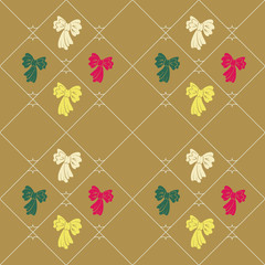 Seamless geometric baby pattern. Texture of diagonal strips, lines, bows. Contrast pink, green, yellow figures on ocher background. Children, hipster colored. Vector