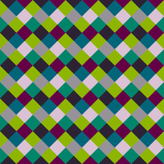 Seamless geometric checked pattern. Diagonal square, braiding, woven line background. Patchwork, rhombus, staggered texture. Green, gray, vinous colors. Winter theme. Vector