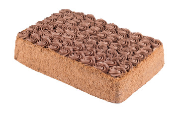 Chocolate cake isolated on white background. Tasty cocoa dessert