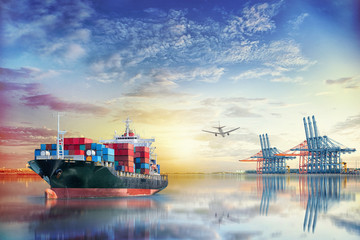 Logistics and transportation of International Container Cargo ship and cargo plane in the ocean at...
