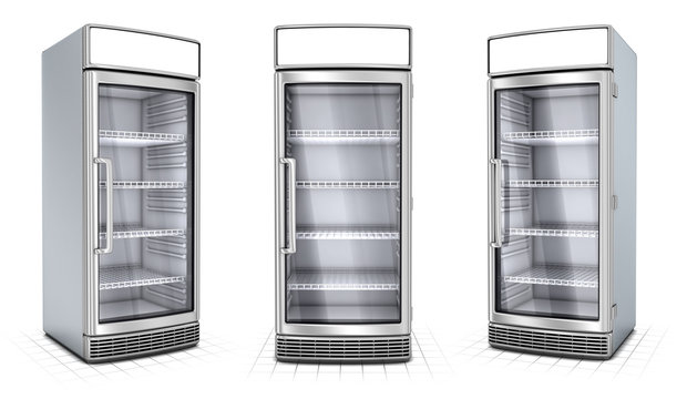 Fridge with transparent glass isolated. Refrigerator showcase on white background. 3d image set