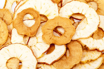 background of dried apple slices, close up.