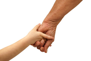 Grandmother holding grandchild's hand isolated on white background