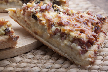 Pie with potatoes, mushrooms and smoked sausage