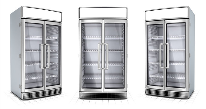 Fridge with transparent glass isolated. Refrigerator showcase on white background. 3d image set