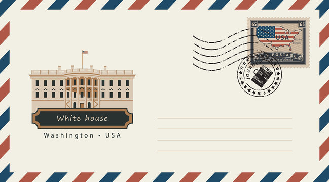 an envelope with a postage stamp with Washington White House, and the flag of United States of America