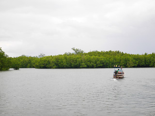 Boat on the shallow ocean under cloudy sky