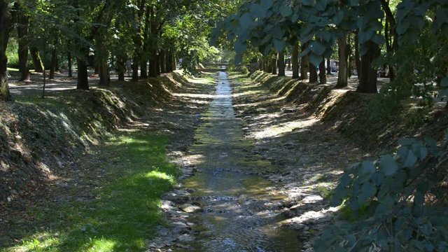 Small river in Vrnjacka Banja town in Serbia, surrounded with lush park trees and with a small bridge in distance 