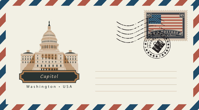 an envelope with a postage stamp with Washington Capitol, and the flag of United States of America