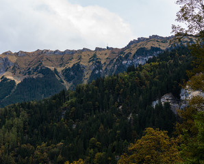 An avalanche fence on a Swiss Mountain side near the village of Interlaken.