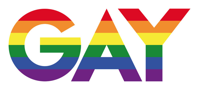 GAY capitals with rainbow stripes. Lettering in the six LGBT movement flag colors. The term gay refers to a homosexual person. Multicolored isolated illustration on white background. Vector.
