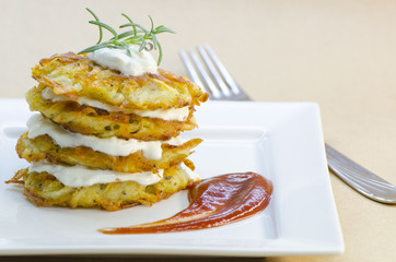 Plate of fried vegetarian potato pancakes