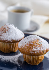 Breakfast with muffins sprinkled by powder sugar and coffee.