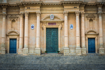 Close up on door of Saint Nicholas of Myra Cathedral in Noto city, Sicily in Italy
