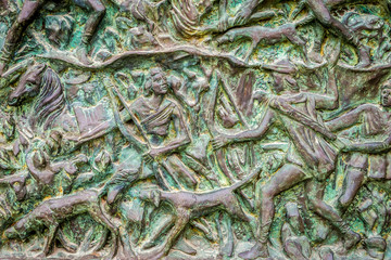 Details of carved door of Saint Nicholas of Myra Cathedral in Noto city, Sicily in Italy