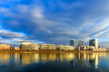 Bratislava modern skyscapers, near Danube river, winter morning,