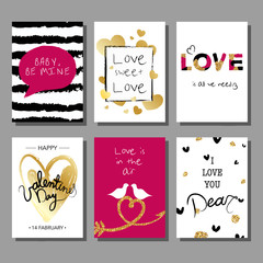 Valentine`s Day creative artistic hand drawn cards set. Vector illustration. Wedding, love, romantic template
