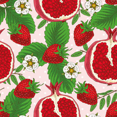Seamless Pattern with Pomegranate and Strawberry