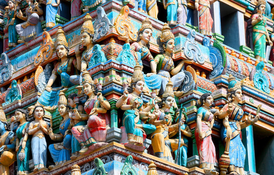 Bangalore, India - December 13, 2015:Detail of the Shiva temple gopuram in Bangalore exterior view a typical south Indian temple architecture.