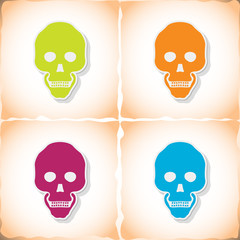 Human skull. Flat sticker with shadow on old paper