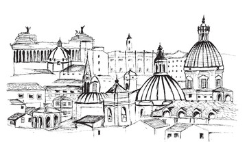 Panorama miasta Rzym. Rysunek ręcznie rysowany na białym tle. 