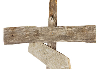 Fototapeta premium Closeup of top driftwood plank on a rough wooden signpost