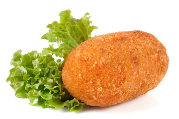 fried breaded cutlet with lettuce isolated on white background