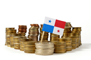 Panama flag waving with stack of money coins