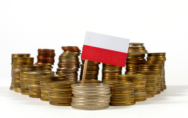 Poland flag waving with stack of money coins