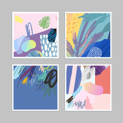Set of creative universal art posters or cards. Hand Drawn textures. Wedding, anniversary, birthday, Valentin's day, party invitations, covers, decor elements.