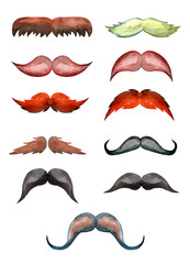 set of watercolor male mustache