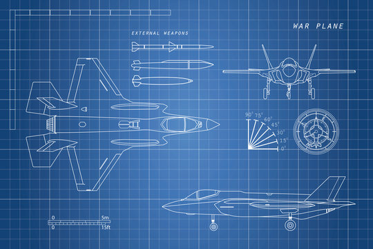 Drawing of military aircraft. Top, side, front views. Fighter je