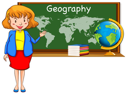 Geography teacher and world map on the board